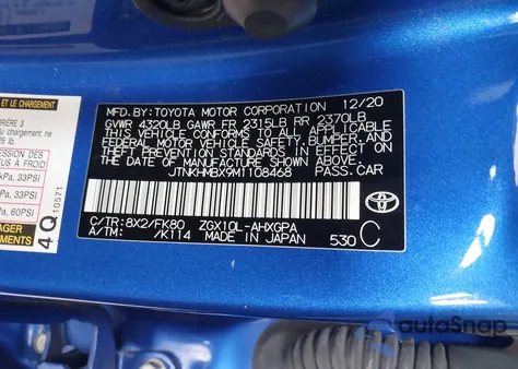 2021 Toyota C-Hr Xle из США, поврежденный, VIN JTNKHMBX9M1108468